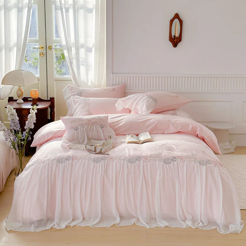 100% Cotton Princess Bedding Sets Korean Style Luxury Pink Lace Ruffle Embroidery Duvet Cover Bed Skirt Sheet Pillowcases