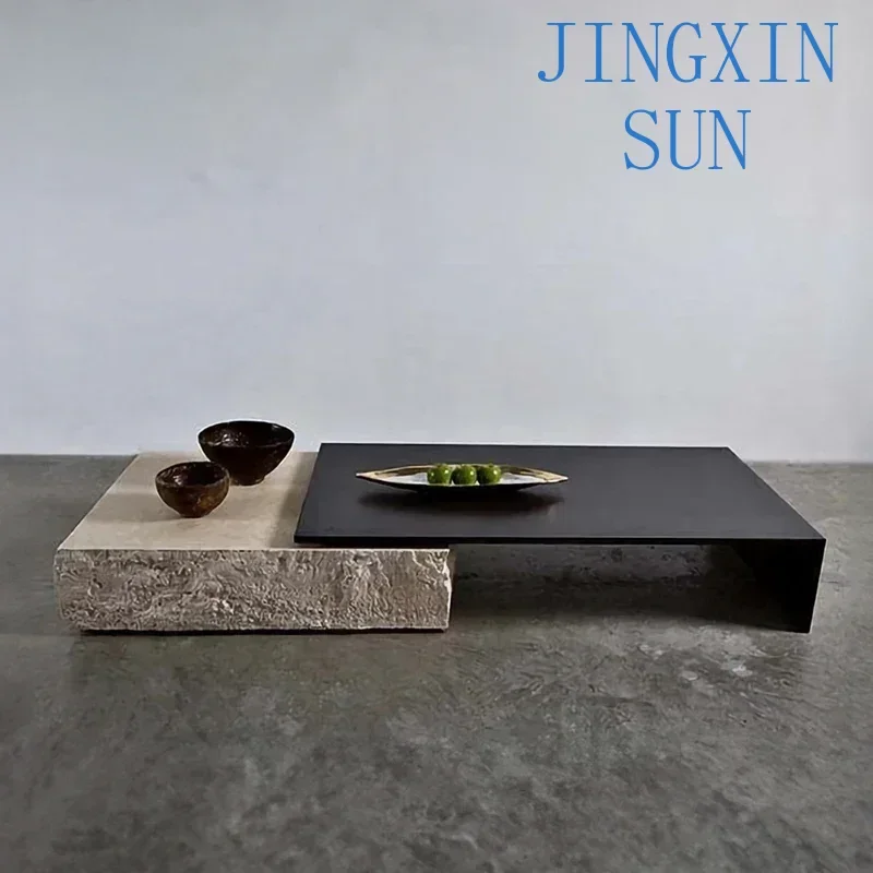 Simple Creative Coffee Table for Hotel and Courtyard Square Wood Limestone Italian Glass Table for Living Room Center Table