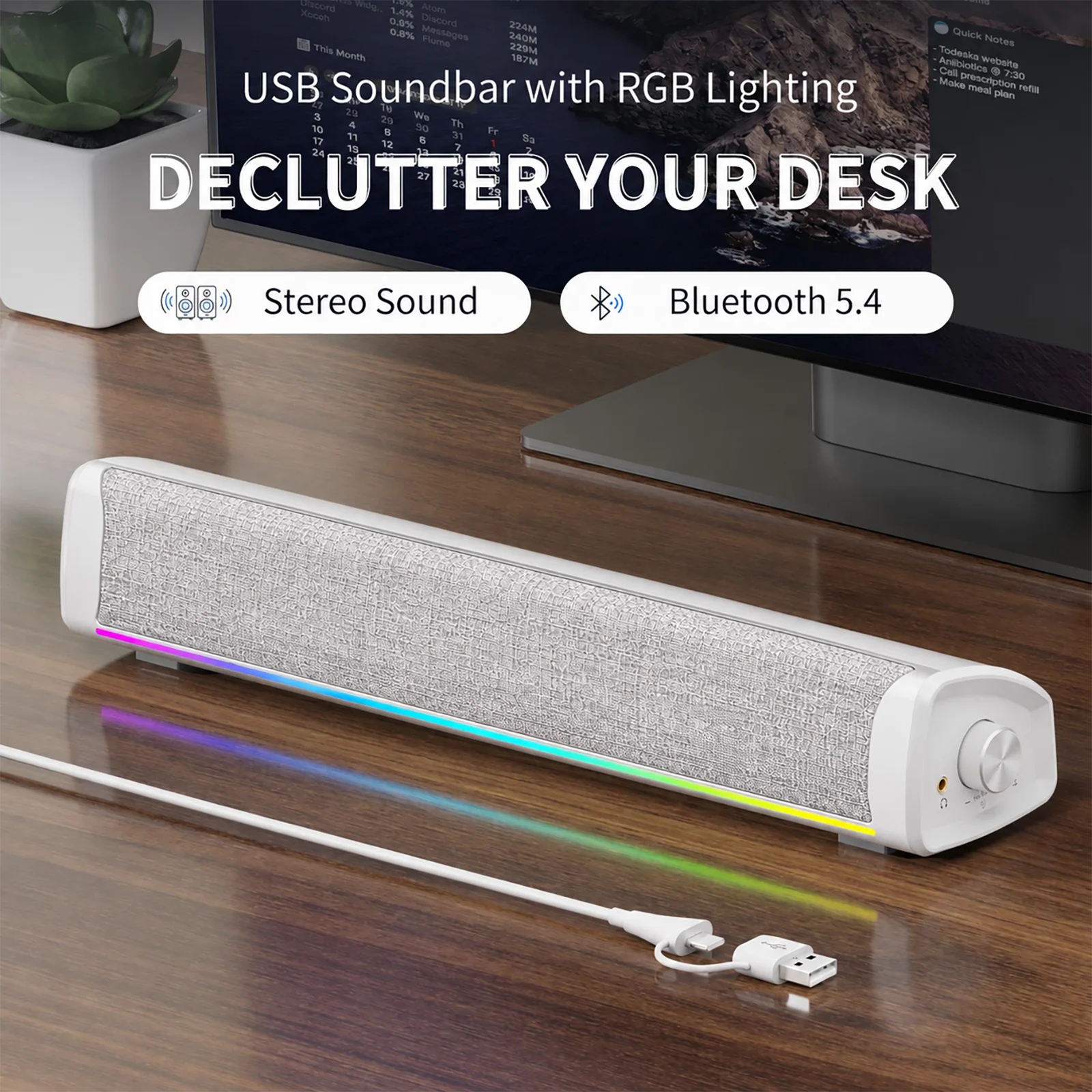 Rgb Computer Soundbar For Pc - Stoff-Computerlautsprecher für Desktop-Stereo-Gaming, kabelgebundene PC-Soundbar, Musik-Subwoofer,