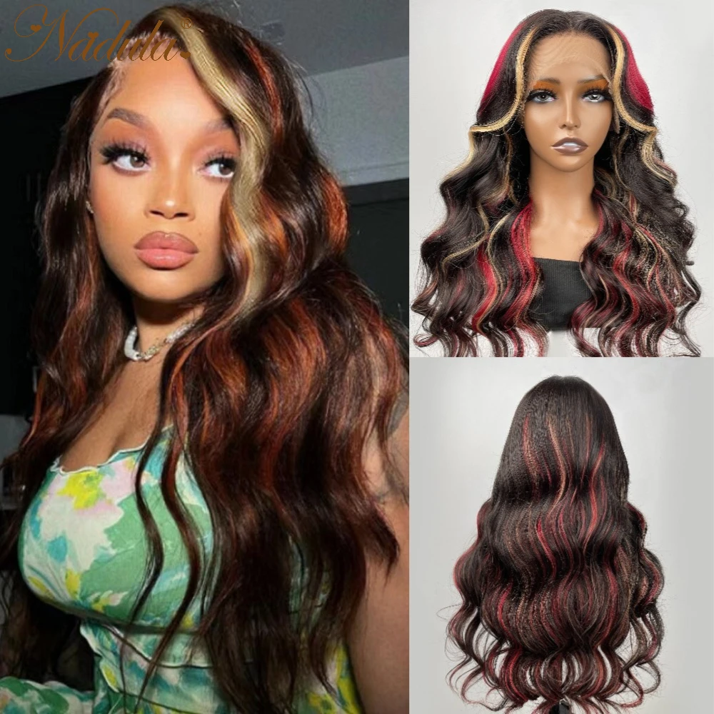 Nadula Hair 7x5 Bye Bye Knots Glueless Pre Cut Black With Red & Blonde Highlights 13x4 Lace Frontal Loose Wave Wig 150% Density