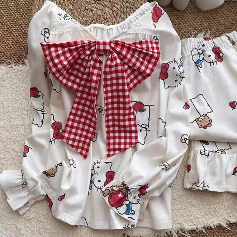 

Пижамы Sanrios для девочек, брюки с длинными рукавами с героями мультфильмов «Hello Kitty», уличная домашняя одежда, повседневная милая простая свободная креативная одежда с принтом