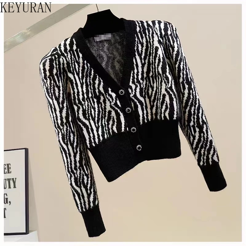 Contrasting Color Jacquard Short Sweater Women Spring Autumn Fashion V-neck Single Breasted Cropped Cardigan Knitted Slim Tops