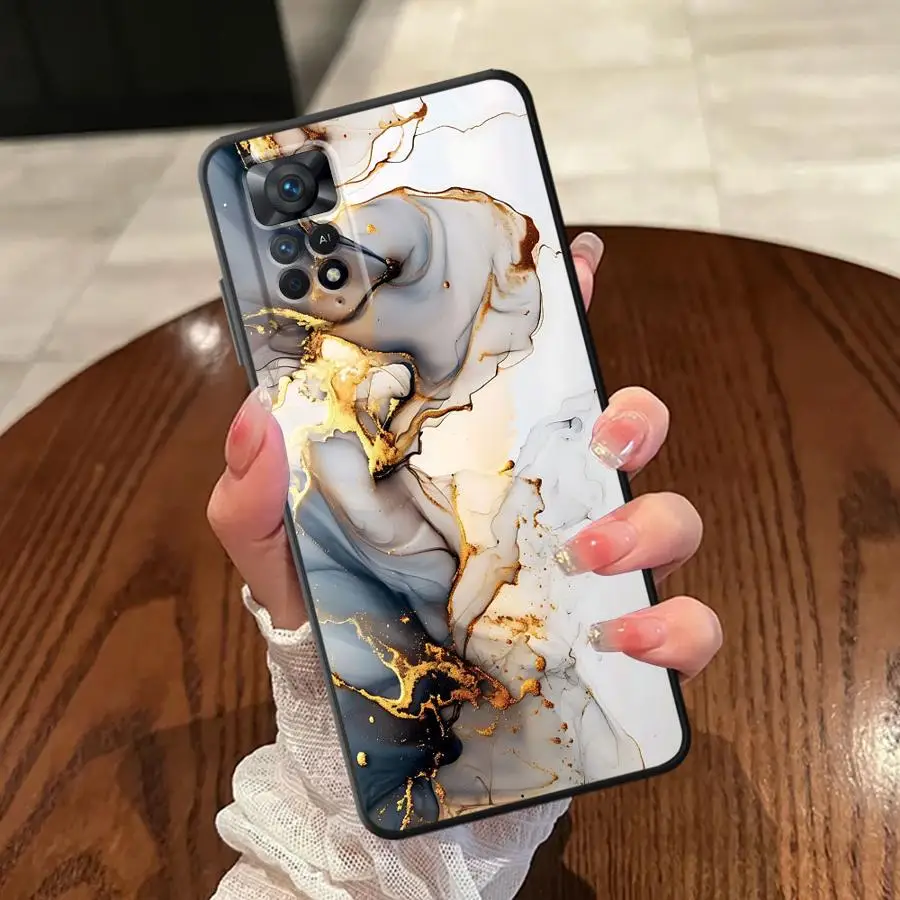 حافظة لهاتف Xiaomi Redmi Note 11s 13 14 Pro Plus 12s 9S 9 10 11 12 Pro 7 8 10S غطاء هاتف ناعم أسود زهرة رخامية #3