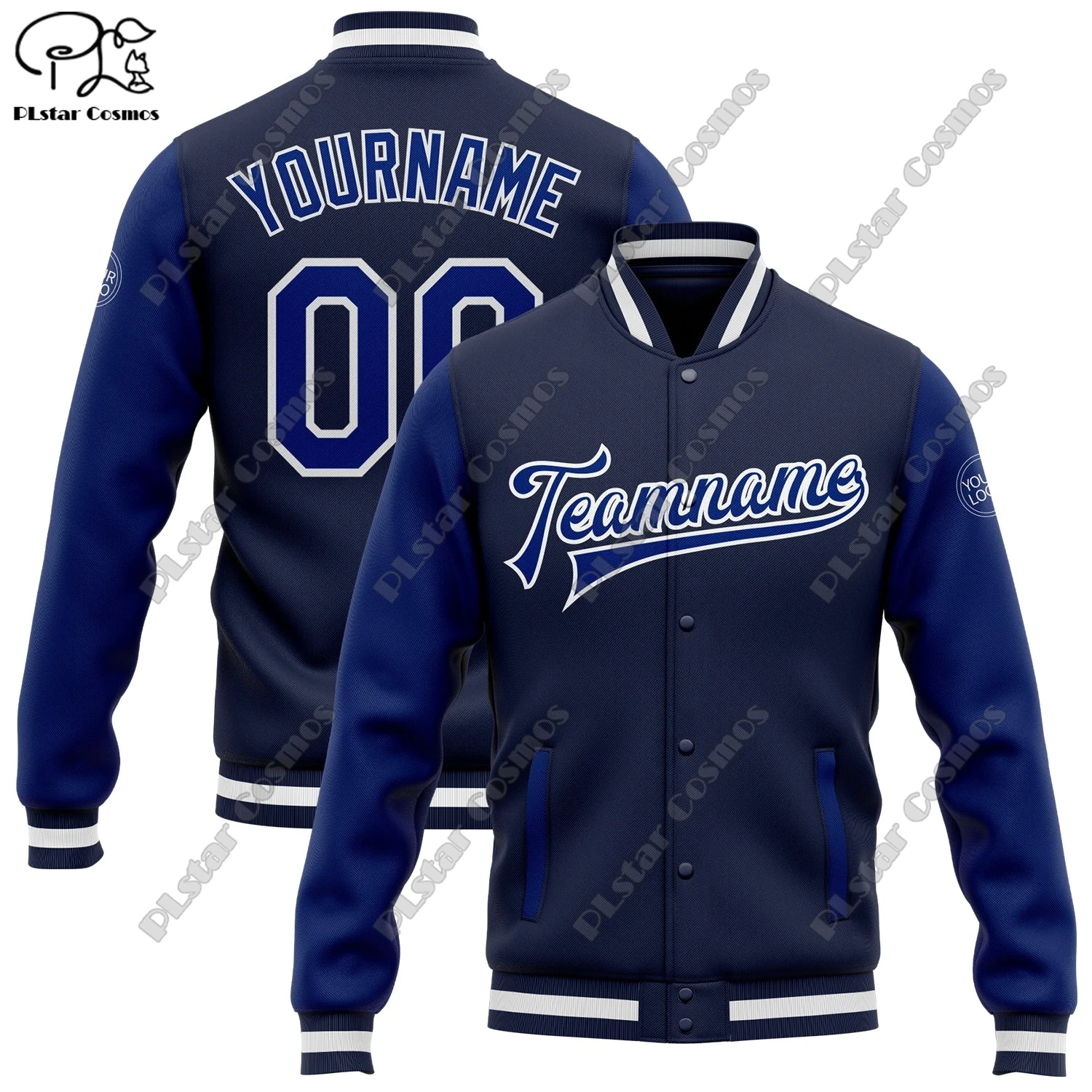 3D Printing Custom Name Classic Dark Blue Two Color Panel Sleeves Full Snap Jackets Unisex Winter New Arrivals