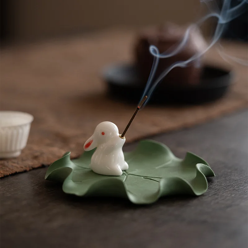 Cute Rabbit Lotus Leaf Ceramic Incense Holder – Home Fragrance Decor Craft