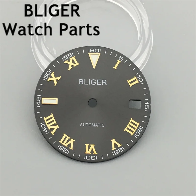 Bliger สาย NH35สะท้อนแสงสีดำขนาด29มม., หน้าปัดทองคำสีกุหลาบหน้าปัดสีเงิน