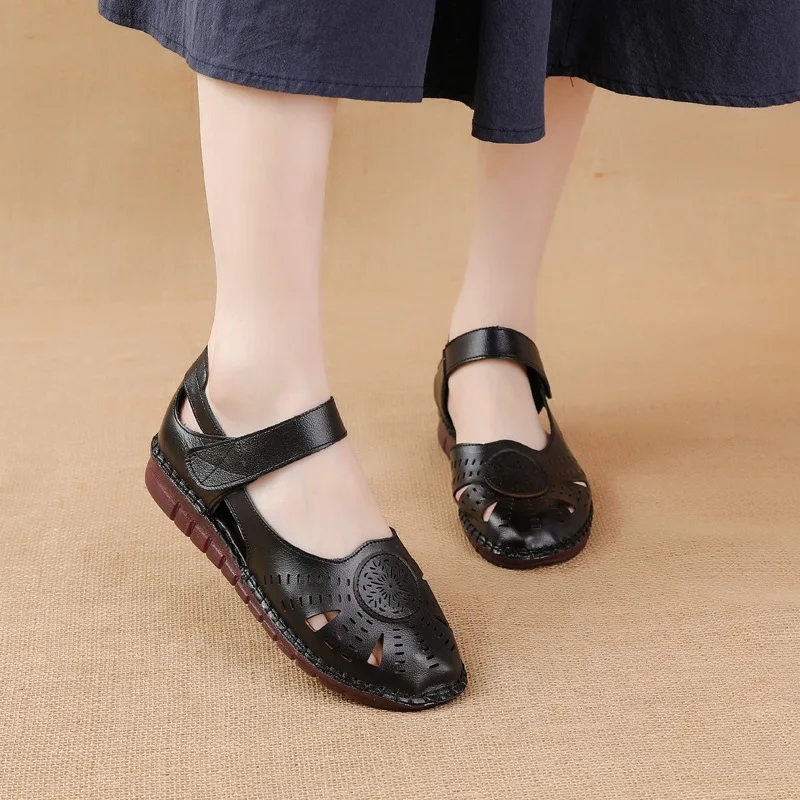 2024 Summer Cowhide Mother Sandals Comfortable Genuine Leather Female Sandals Large Size 41 Women Shoes Casual Wedged