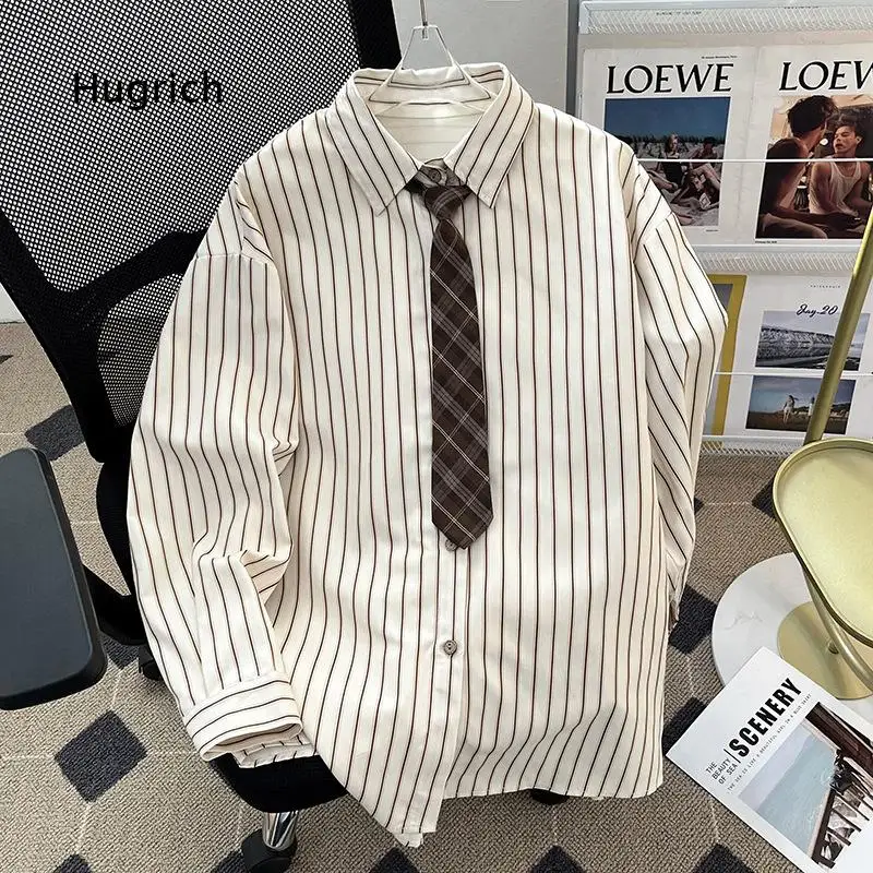 Mens Japanese Style Basic Striped Long Sleeve Shirt Korean Loose College Style Lapel Top With Matching Tie For Daily Commute An