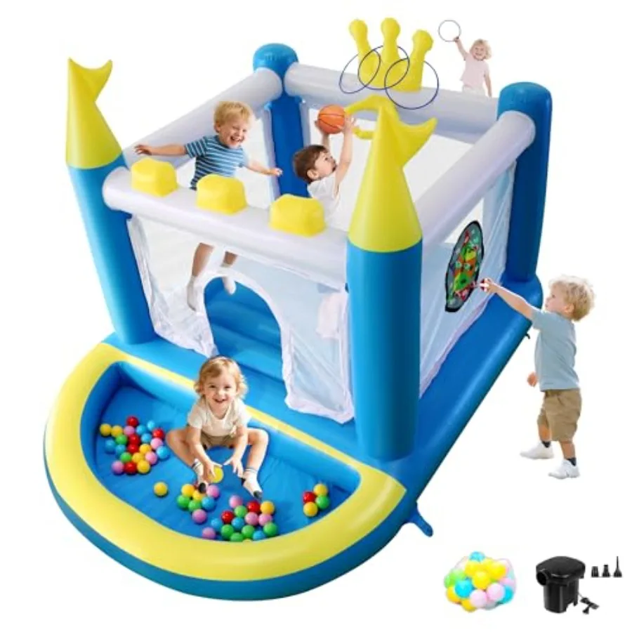 Mini Castillo Inflable con Piscina de Pelotas 5 en 1, Castillo Hinchable de PVC con Bomba de Aire Eléctrica, Pequeño Castillo Inflable con Diseño de Corona para Niños de 3 a 8 Años