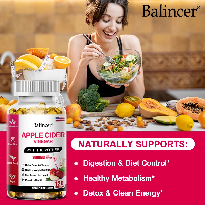 Apple Cider Vinegar Capsules 1600mg, Detox Cleanse, Digestive Health, Constipation & Bloating Relief, Weight Management Support