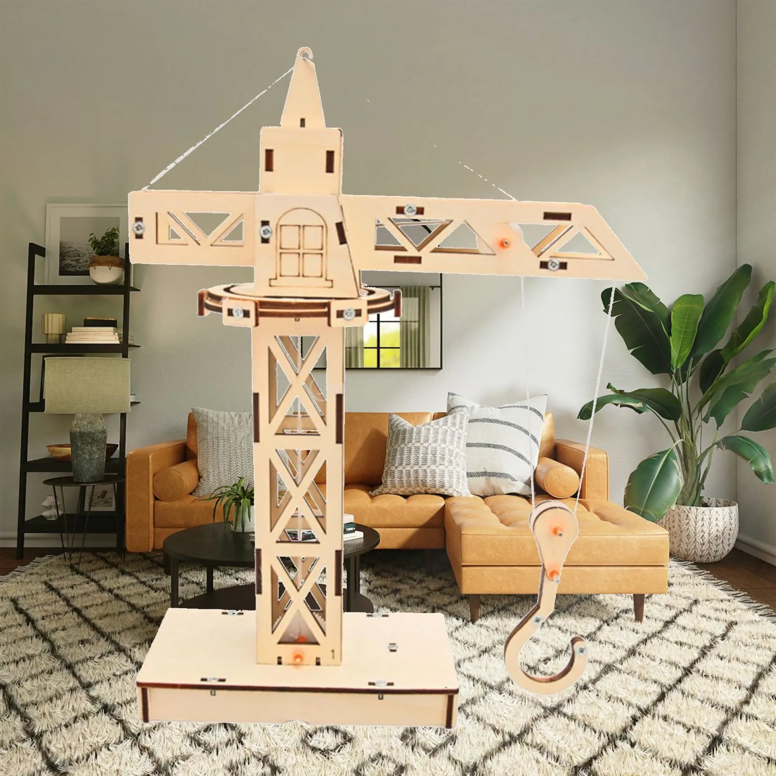 Educational Wooden Crane Assembly Toy for Students DIY Engineering Kit with Stable Base and Corded Lift System