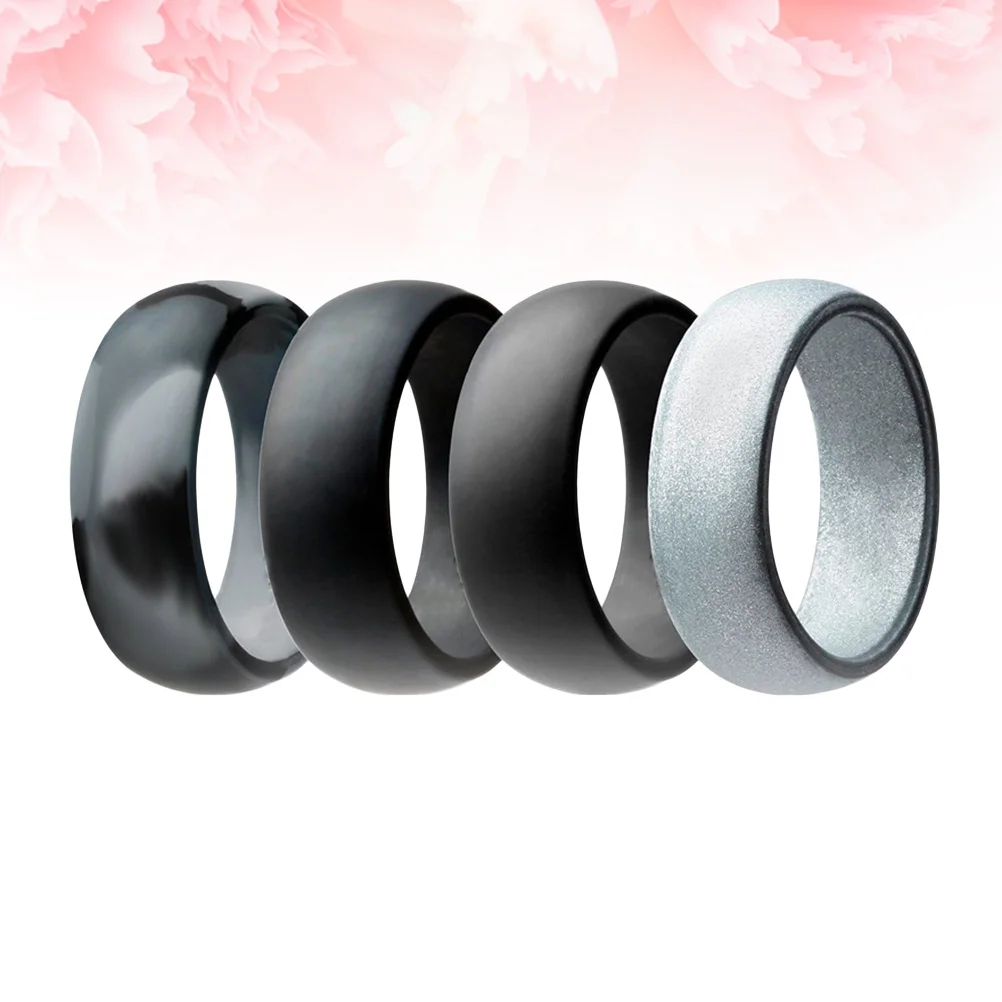 

4Pcs Silicone Wedding Bands Flexible Sports Rings Waterproof Gym Swim Dive Size 9 Camo Grey Black Dark Grey Silver