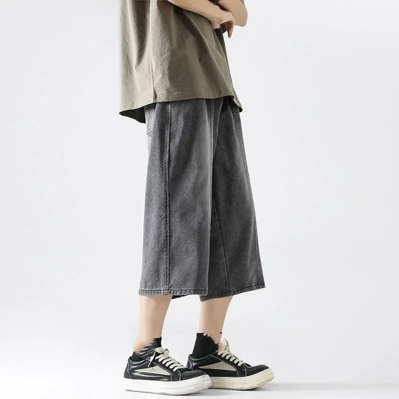 Men Vintage Gradient Washed Denim Cropped Pants Loose Wide Leg Seven Point Jeans Streetwear S 5XL