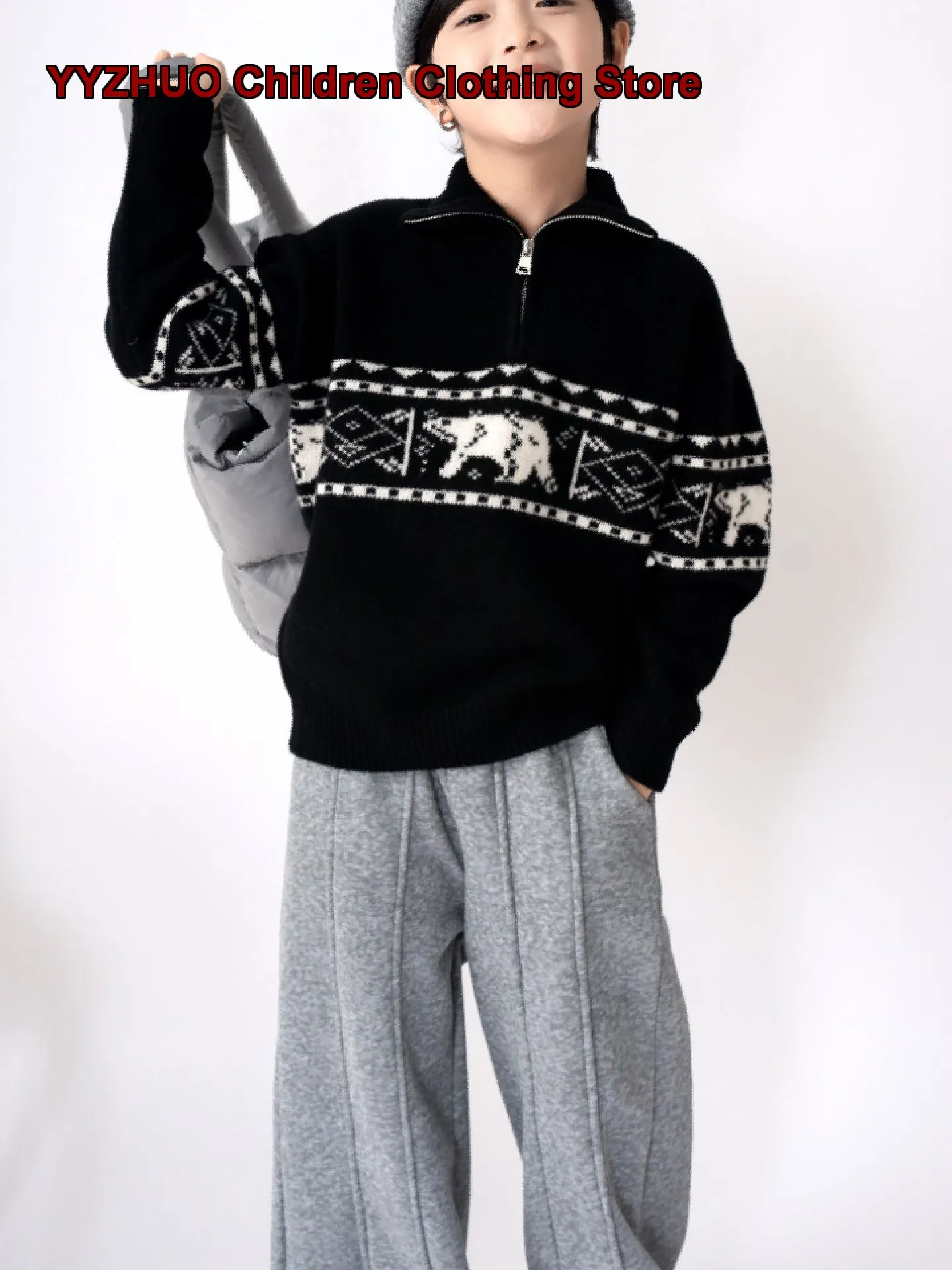 Boys V-Neck Zip Up Pure Knit Top Black Elegant Style High Neck Kids