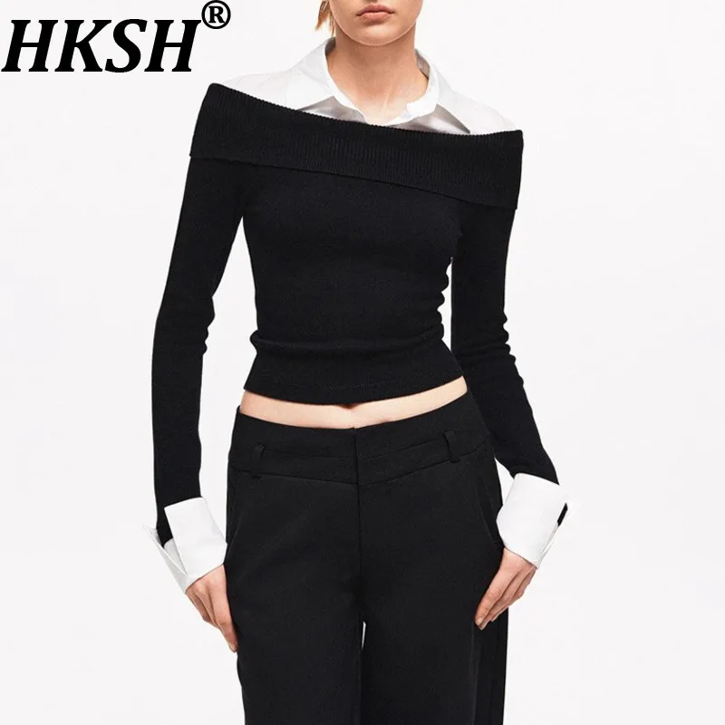 

HKSH Autumn Winter New Women Tops Knitted Sweater Patchwork Color Block Long Sleeve Turn-down Collar Elegant High Street HK16733
