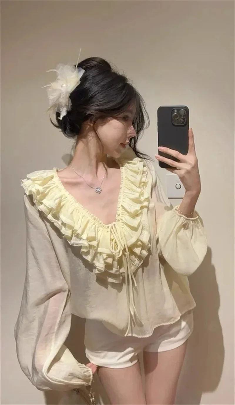 

Women's Top New Layered V-Neck Tie Decoration Pullover Thin Women's Fashionable Sexy Shirt