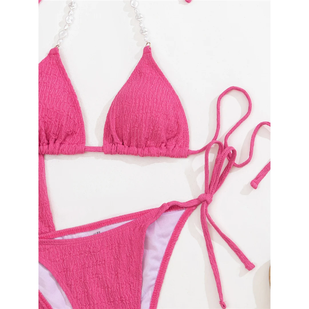 Mit Sarong, weißen Perlen, gerafftem Bikini, Damen-Badebekleidung, dreiteiliges Bikini-Set, Damen-Badeanzug, Badebekleidung, Badeanzug, Modell V5593. – Detail 30