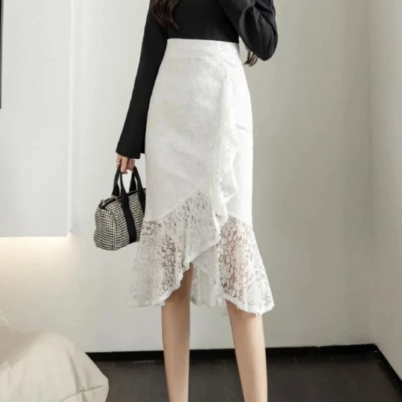 

2025 Summer New Mid-length Faldas Mujer Y2k High Waist Slim Fit Bodycon Skirts Lace Patchwork Fishtail Skirt For Women