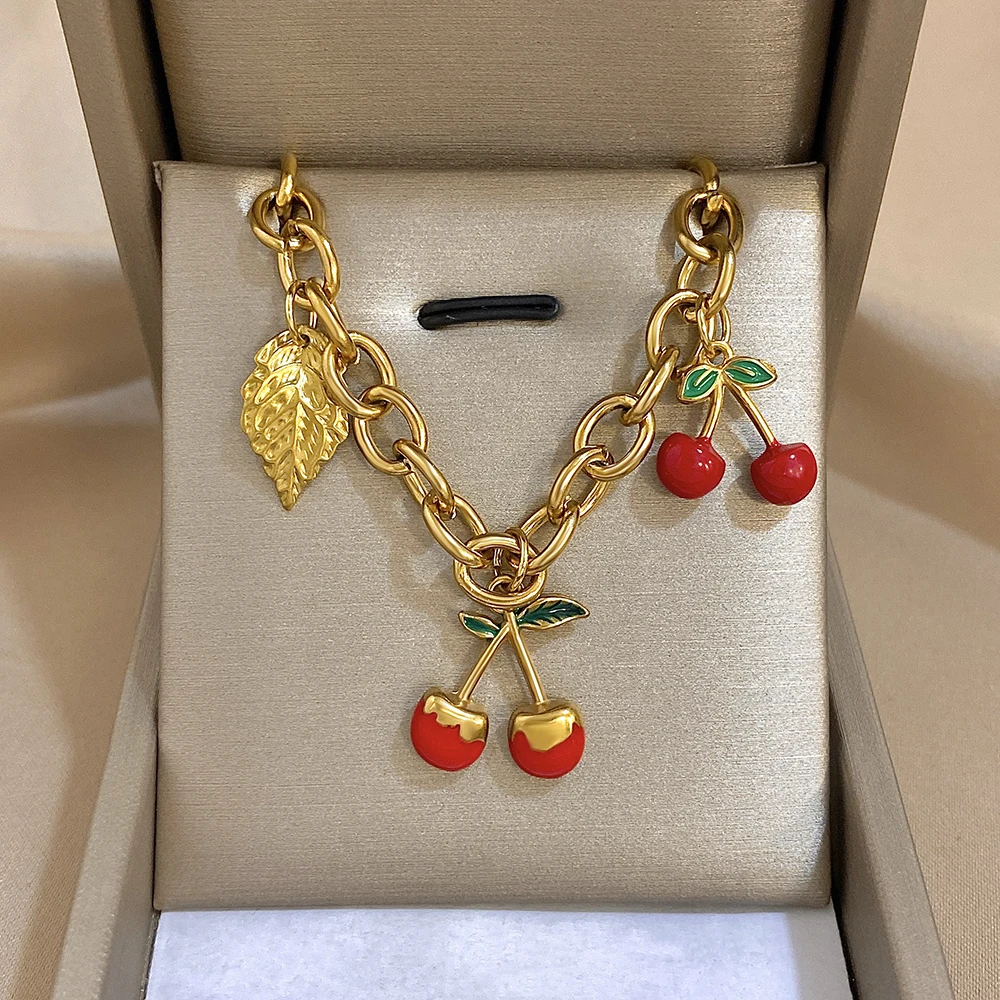 

DODOHAO Cherry Pearl Necklaces Bracelets Jewelry Sets Link Chain Charm Bracelets Elegant Short Choker Necklaces Fashion Jewlery