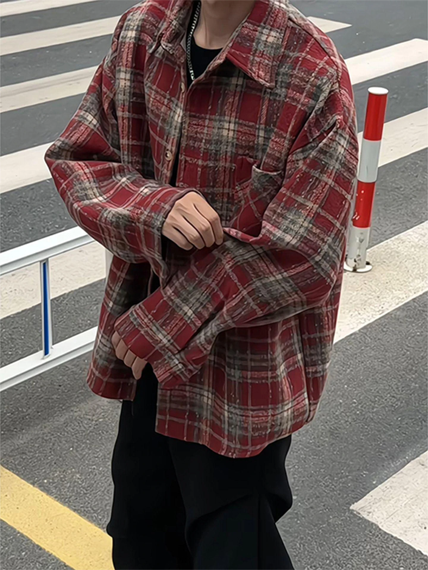 een Plaid Woolen irt Men's Sle American Retro Vibe Jaet Coat Loose Fit Long Sve Turn-down Collar Button-down Cardigan