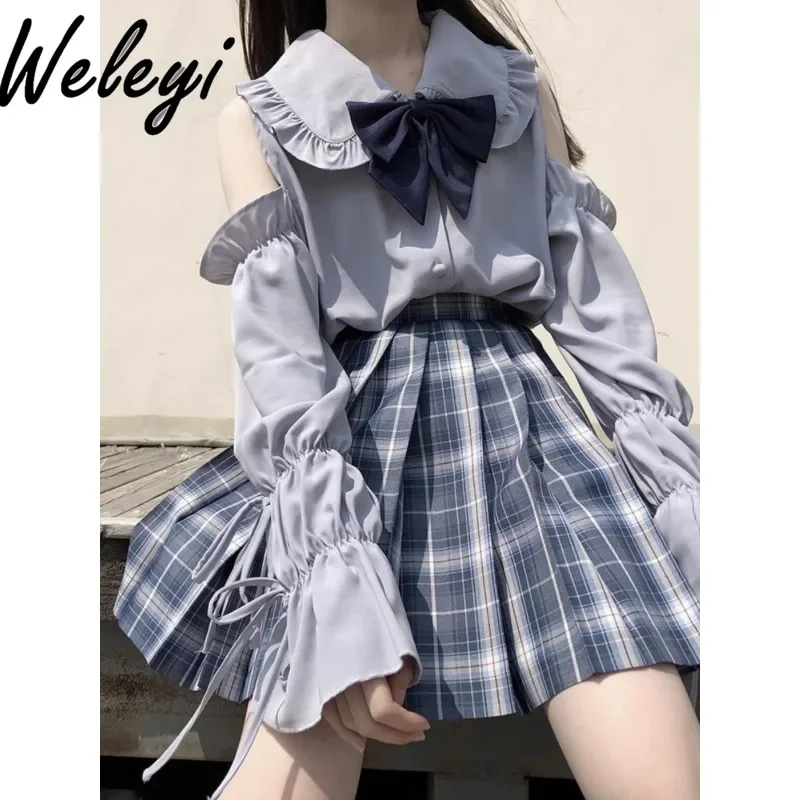 Jirai Kei Lolita Cute Skirt Suit Japanese Women's Spring and Summer Versatile Doll Collar Long Sleeve Off Shoulder Two Piece Set