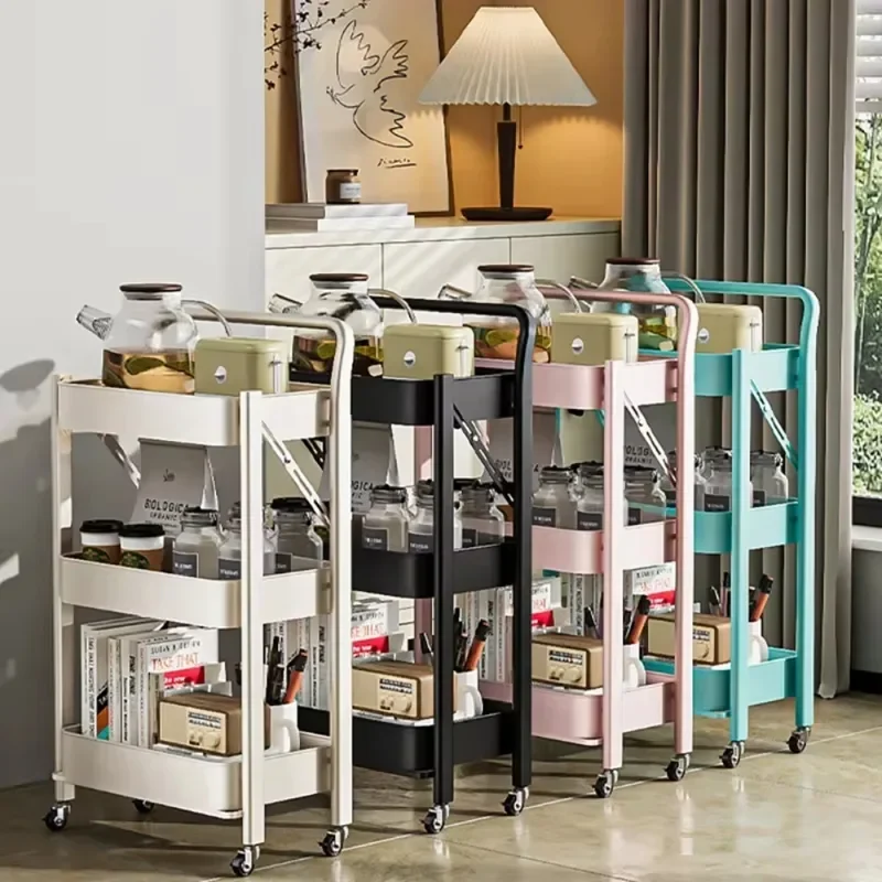 Folding Storage Multifunctional 3 Tiers Trolley Rack Cart with Wheels Multi Storey Snacks Shelving Bedroom Kitchen Living Room