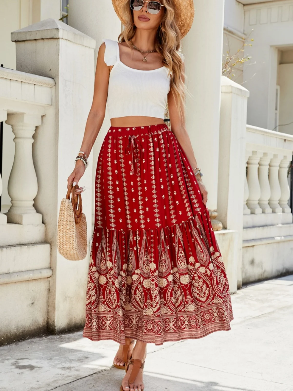 Bohemian Cotton Silk Beach Skirt Printed Patchwork Pleated High Waist A-Line Long Skirt for Vacation And Travel by the Sea