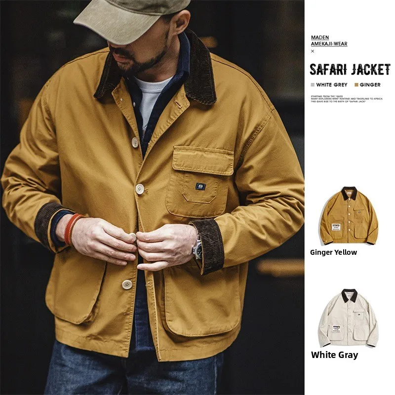 

Maden Pure Cotton Canvas Jaet American Retro Sle with kets Spring Autumn Men's Outerwear Stand Fit Long Sve