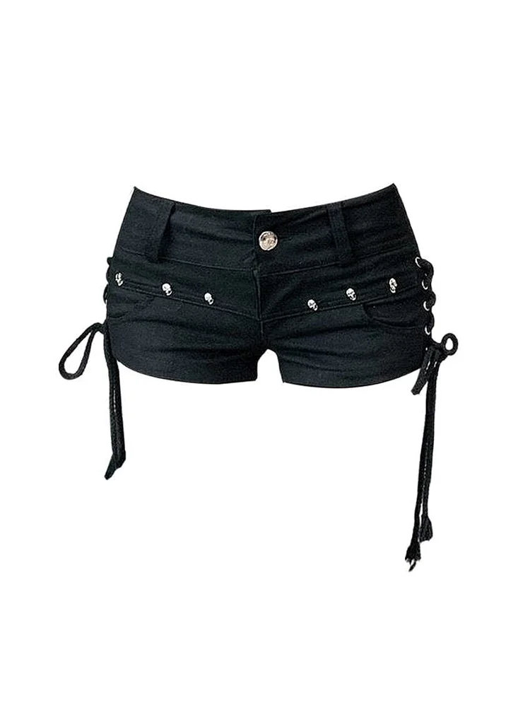 

Women's Black Gothic Denim Shorts Vintage Aesthetic Korean Low Waist Jean Shorts Harajuku Y2k Cowboy Short Pants Clothes Summer