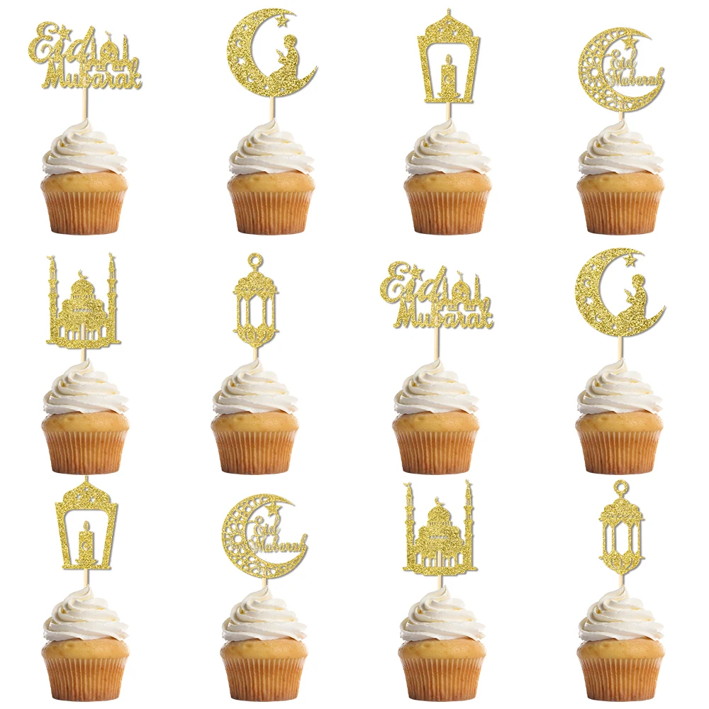 12/24pcs Glitter Gold Eid Mubarak Cupcake Toppers Moon Star Ramadan Kareem Cake Decor Islamic Muslim Party Baking Cake Supplies