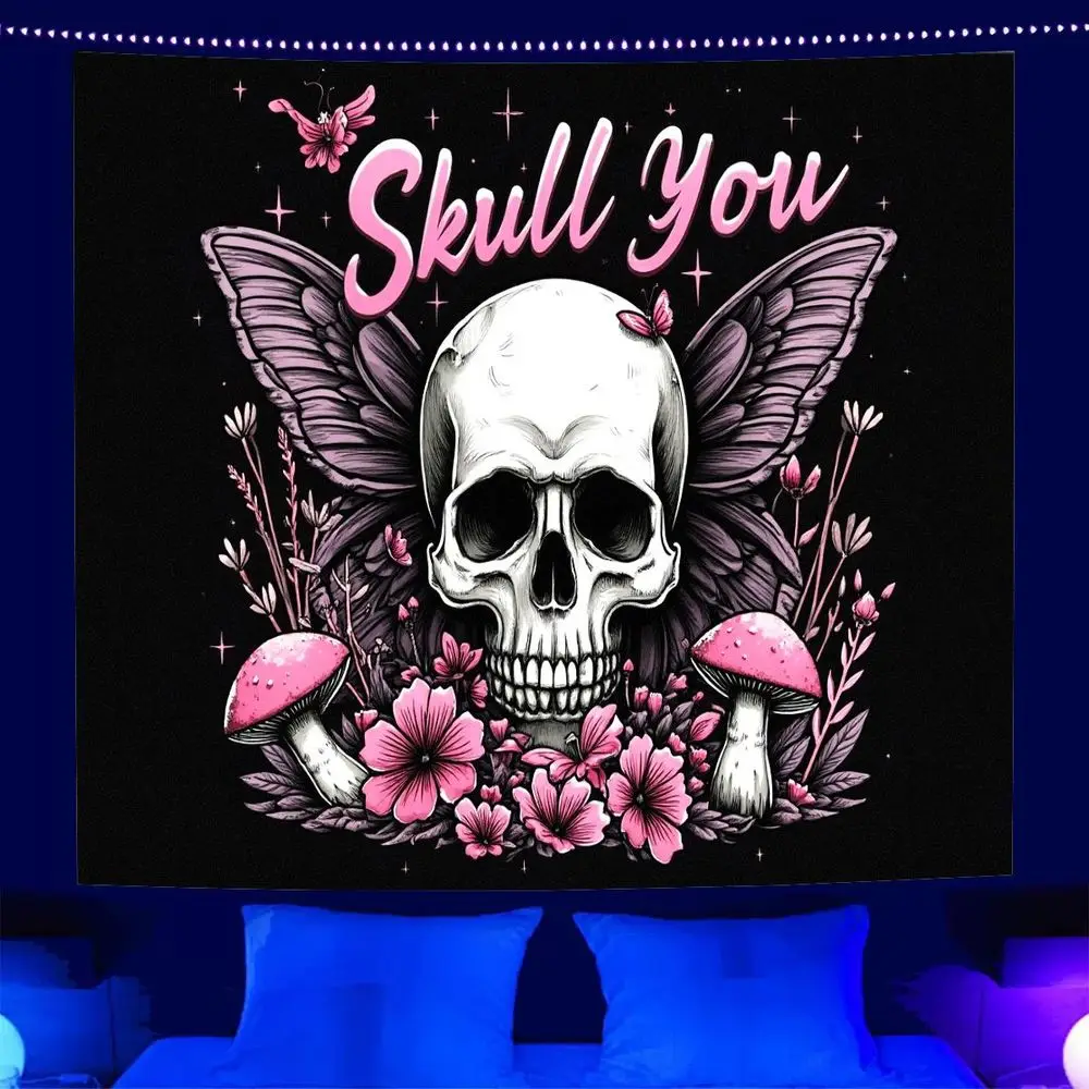 

VIKAMA Skull Print Hanging Cloth Bedroom Living Room Atmosphere Decoration Wall Cloth Pink Background Cloth Hanging Carpet