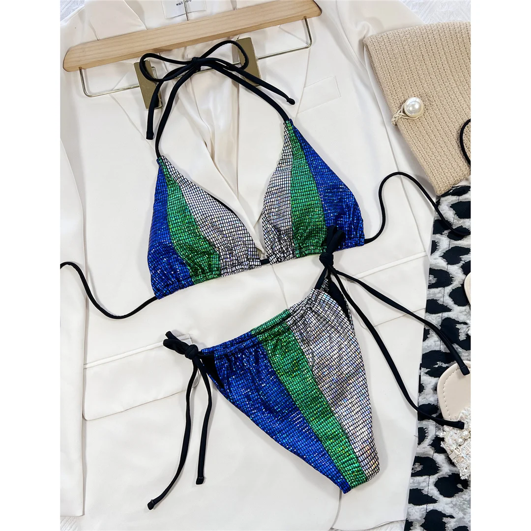 Sexy, kariertes Halter-Bikini-Set mit glänzenden Details, Damen-Badeanzug, zweiteiliger Bikini, Badebekleidung, Badeanzug für Damen, V4184 – Detail 8