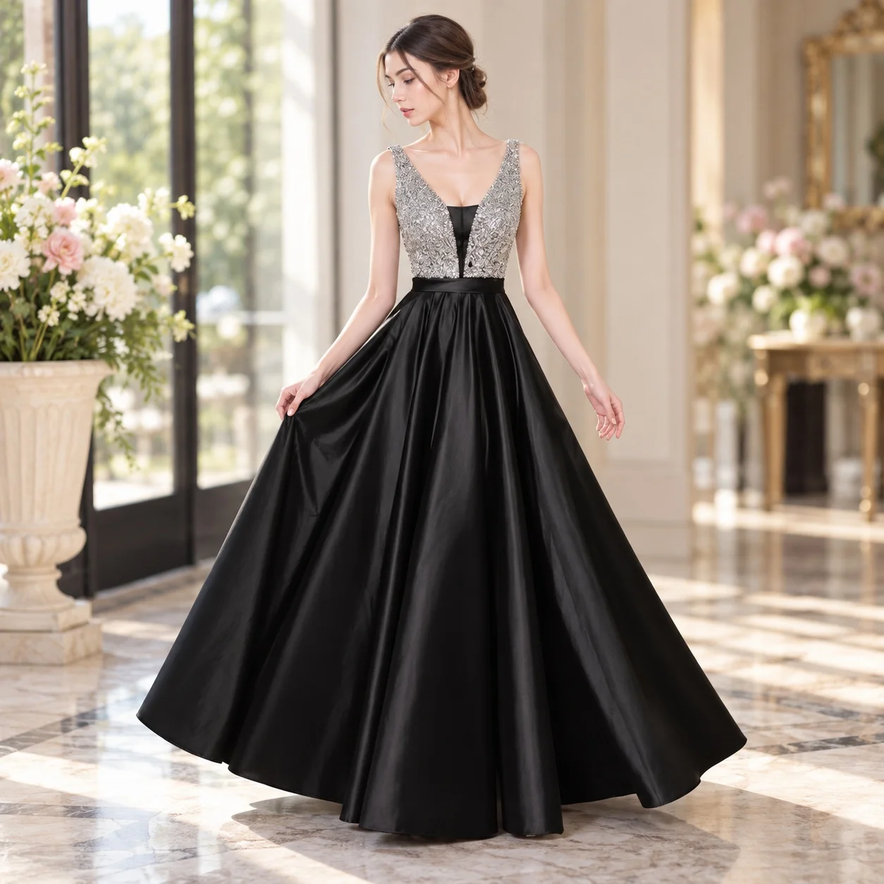 V Neck Bow Gown with Long Skirt Office Chic Western Style Patchwork Midi Waist Flared Skirt Sleeveless Slim Fit Spring for Women