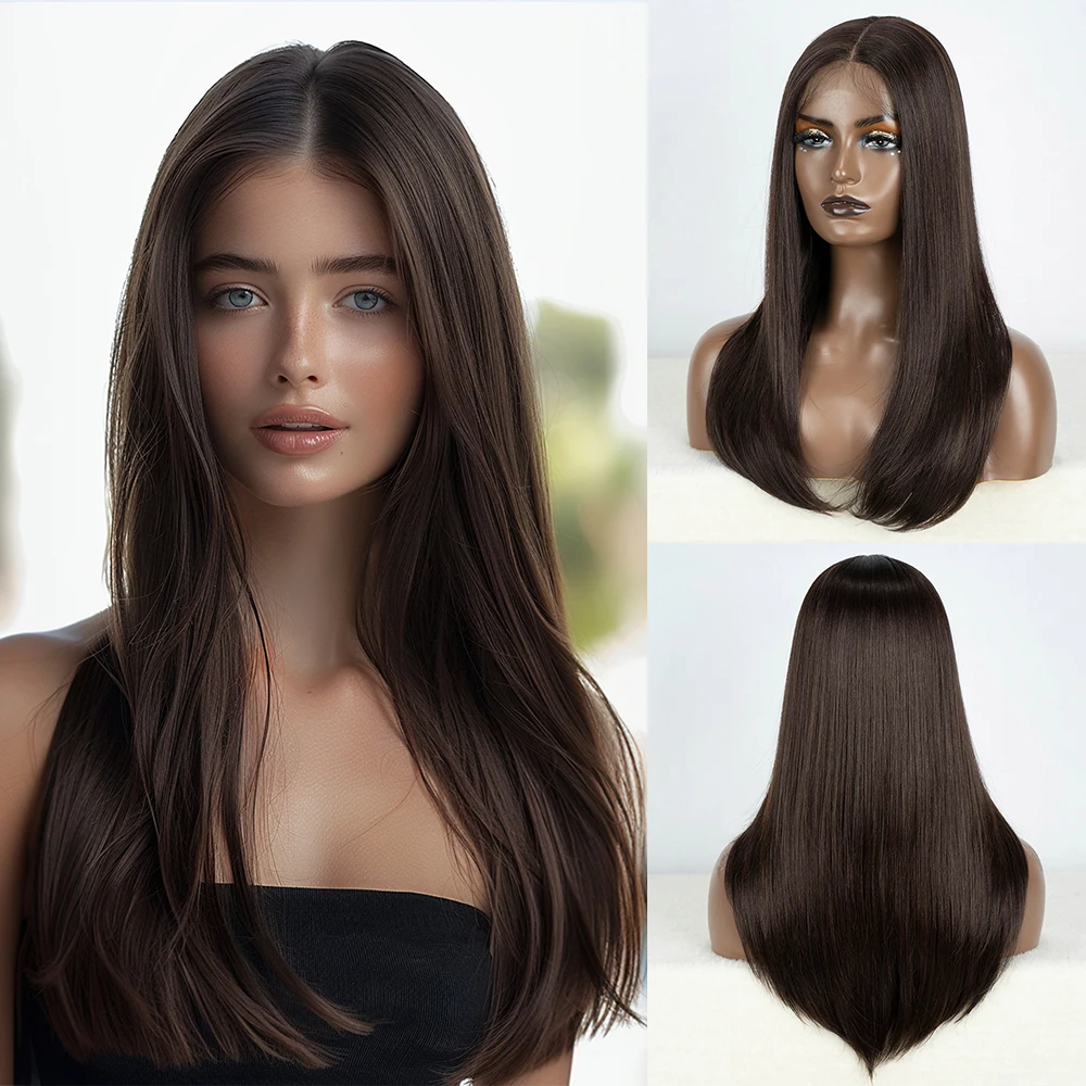 Syntetyczne koronkowe peruki przednie Brązowy czarny kolor Brunetka Odcień Bob Prosta peruka Włosy dla kobiet Koronkowa peruka Żaroodporne peruki Cosplay