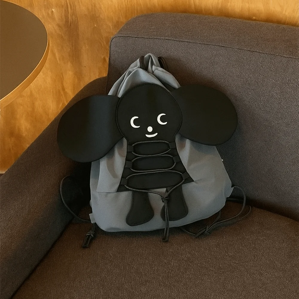 

Creative Casual Cartoon Backpack Drawstring Adorable Doll School Bag Lightweight Large Capacity Black Double Shoulder Bag Women