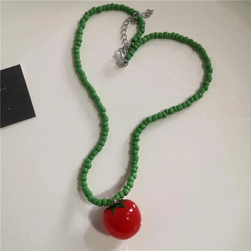 Bonbonfarbener Herzanhänger Blau-Grüne Glasperlen Kontrast-Design Halskette Mädchen Sommer Mode Damenschmuck Accessoires – Detail 4