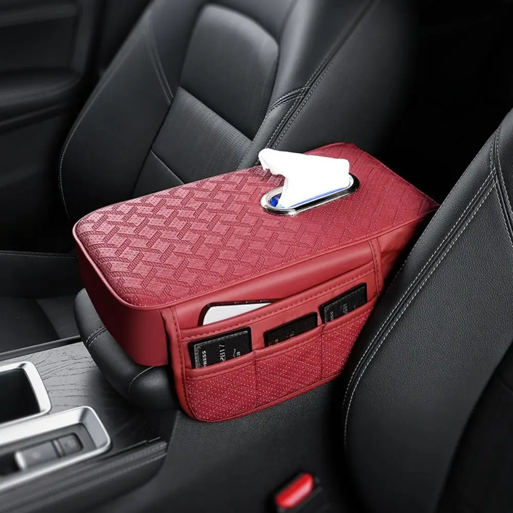 PU Leather Center Console Armrest Cushion with Tissue Box Storage Bag Portable Armrest Pad Multifunctional Height Increasing