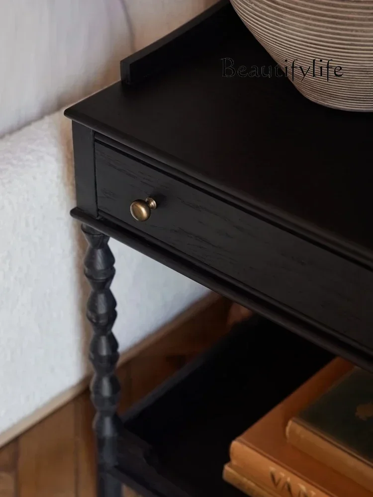 

French retro style all solid wood bedside artistic sense bedroom simple small coffee table creative carving edge table free