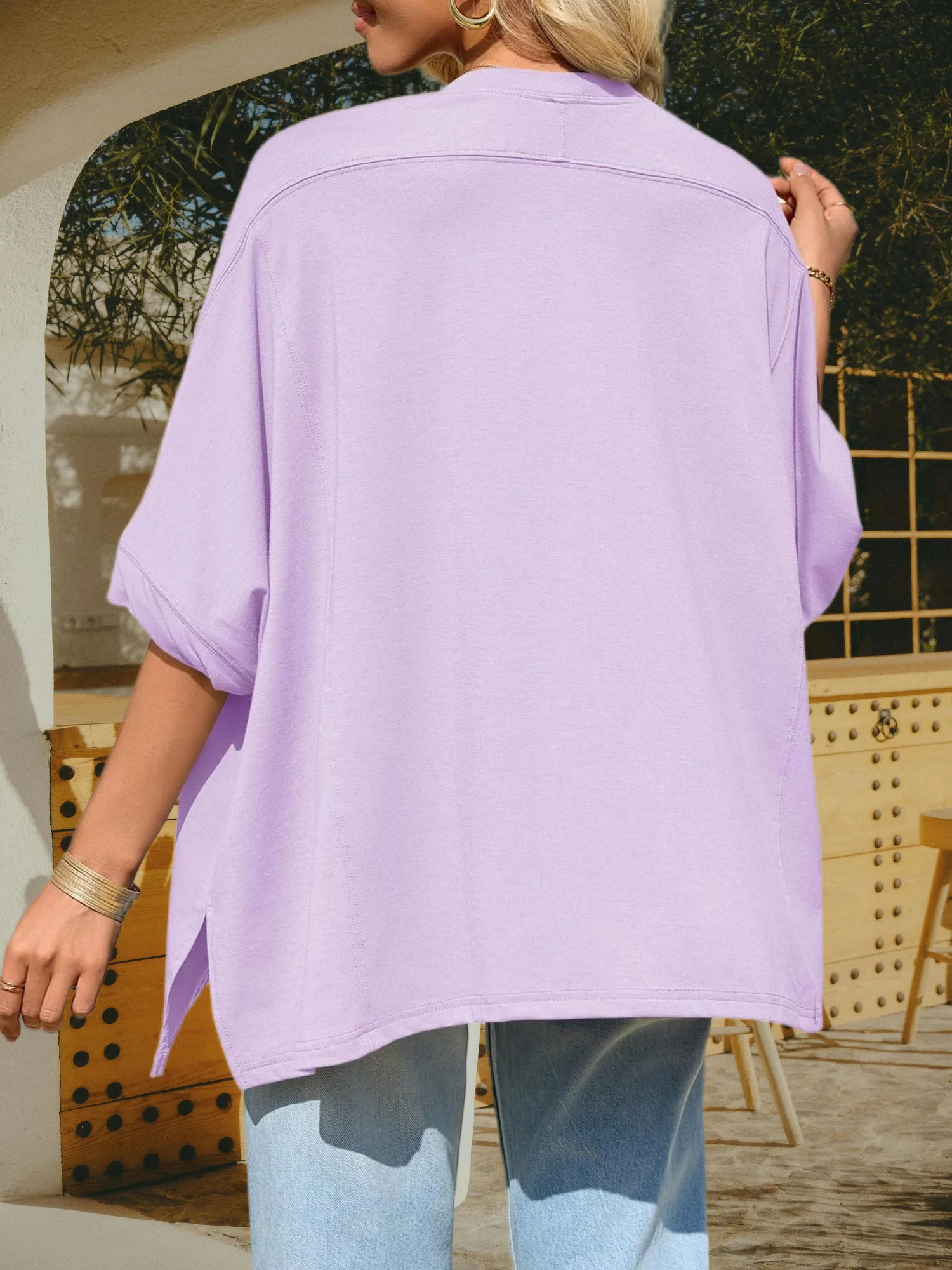 تي شيرت نسائي صيفي كبير الحجم بأكمام قصيرة على شكل جناح الخفاش - فضفاض مع حاشية غير متماثلة