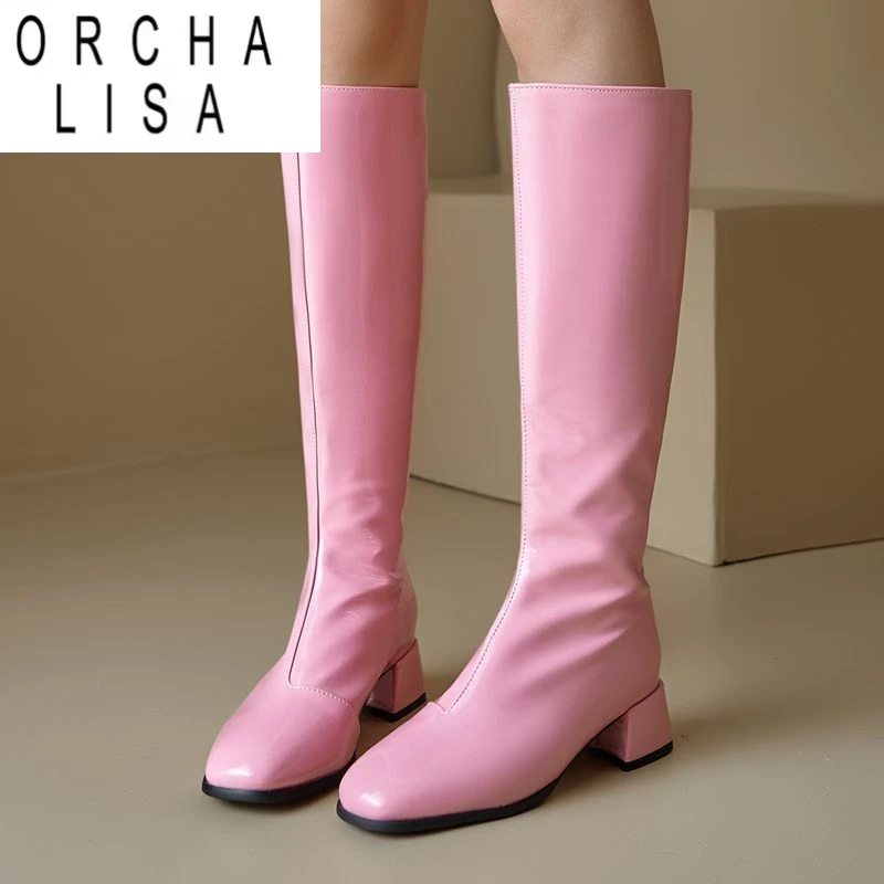 

ORCHA LISA Роскошные пикантные женские сапоги до колена с квадратным носком на блочном каблуке 4,5 см, блестящие повседневные ботильоны на молнии для отдыха, большой размер 44 45 46