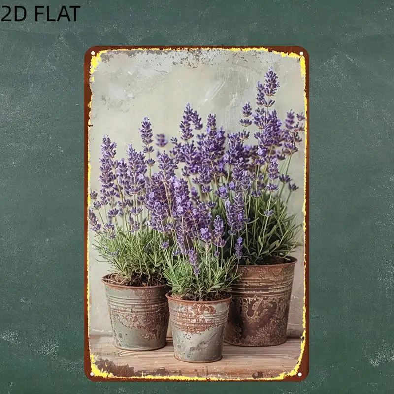 2D Flat, 1pc, Retro Three Pots of Blooming Lavender on a Rustic Background Metal Iron Sign, Pre-Drilled Holes, Suitable for I