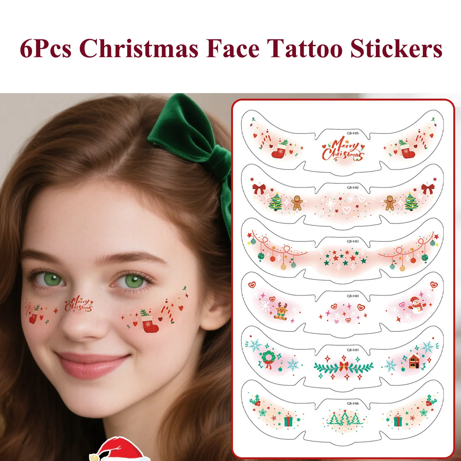 6Pcs Christmas Freckle Tattoo Stickers Premium Cartoon-Style Cute Girl Party Music Festival Makeup Temporary Tattoo Stickers