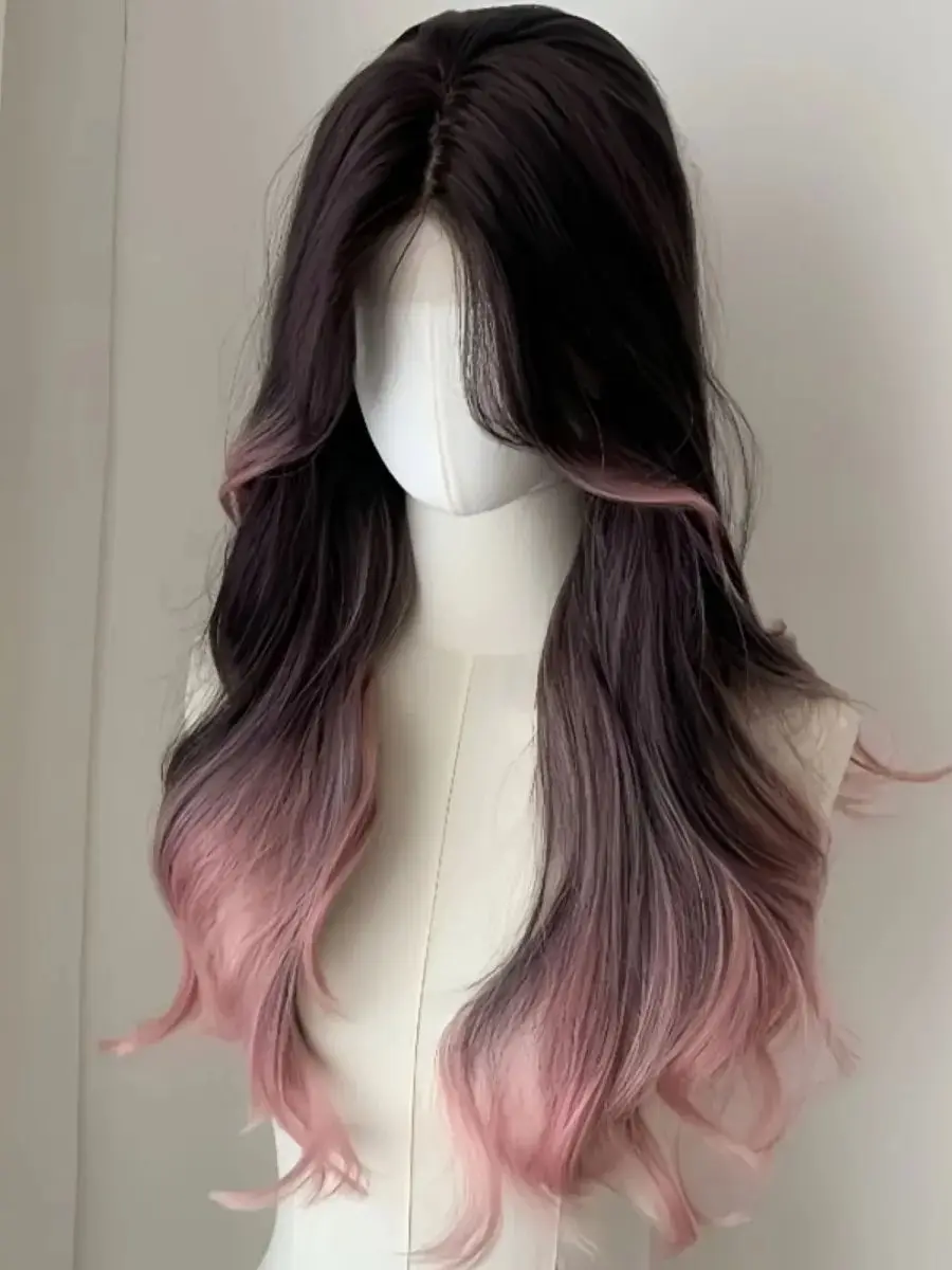 Schwarz zu Blau/Rosa/Schwarz Ombré Lange Wellige Perücke Natürlich Flauschige Body Wave Hitzebeständige Synthetische Haare für Alltag & Party – Detail 2
