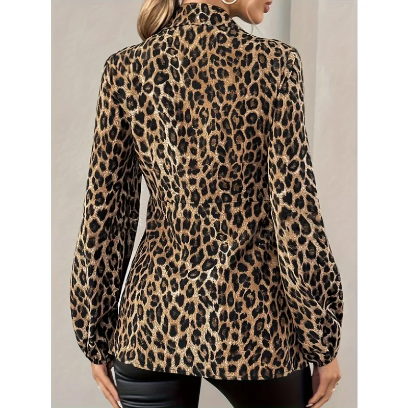 

2026 spring leopard print lace-up V-neck temperament long-sleeved shirt