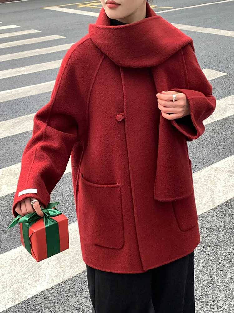 

Красное двустороннее пальто-камер, женский ретро-китайский свитер, жилет, шерстяная верхняя одежда, весенний сезон, повседневная свободная посадка