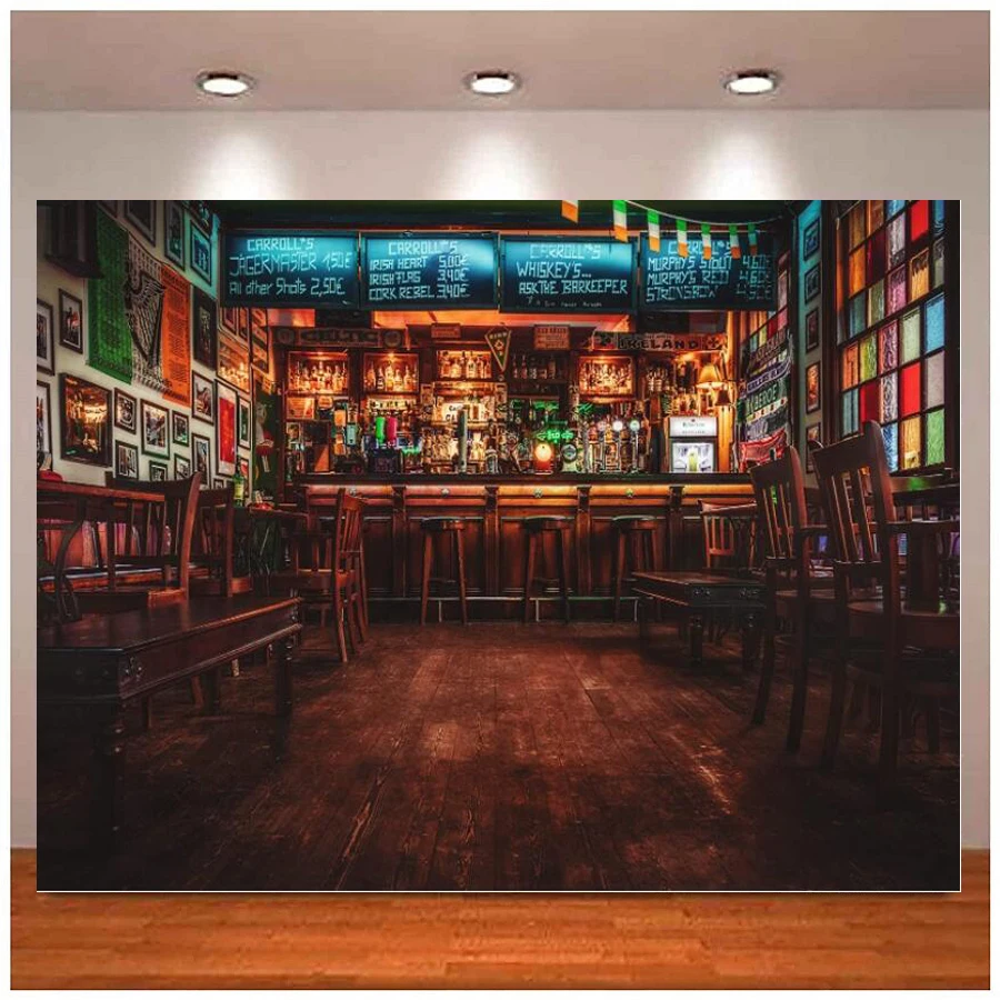 European Bar Interior Photography Backdrop Irish Pub Cafe Restaurant Bar Counter Alcohol Drinks Whisky Wine Shelf Background