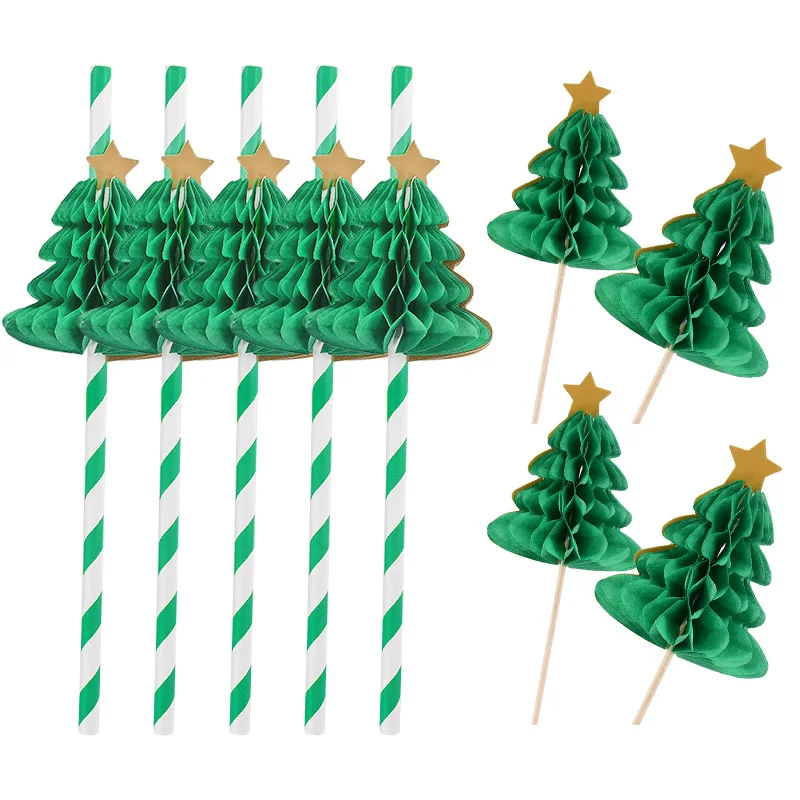 10Pcs Christmas Tree Cupcake Topper Honeycomb Paper Straw 2024 Christmas Party Cake Decoration 2025 New Year Food Fruit Picks