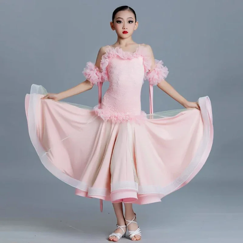 

Kids Girls Waltz Tango Ballroom Dancewear Professional Spaghetti Strap Chiffon Dresses Large Fishbone Skirts Modern Costumes