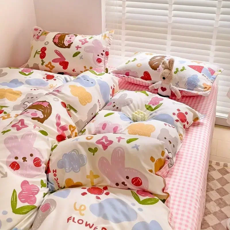 2024 New Kawaii Duvet Cover Flat Sheet Pillowcases Kit No Filling Twin Single Queen Size Kids Adult Bedding Set Ins Style