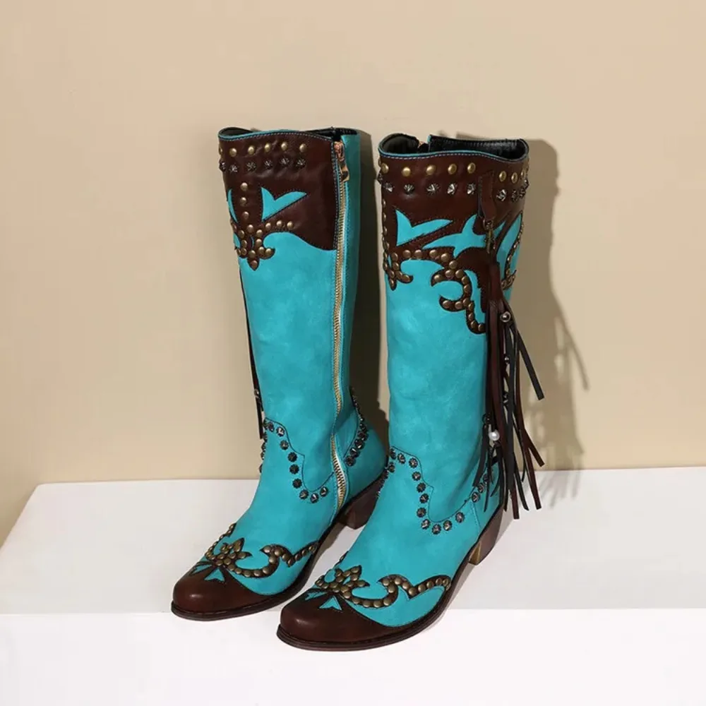 Knee High Boots Woemn Designer Brand Luxury Pointed Toe Inner Zipper Thick High Heels Embroidered Western Cowboy Boots 0K200